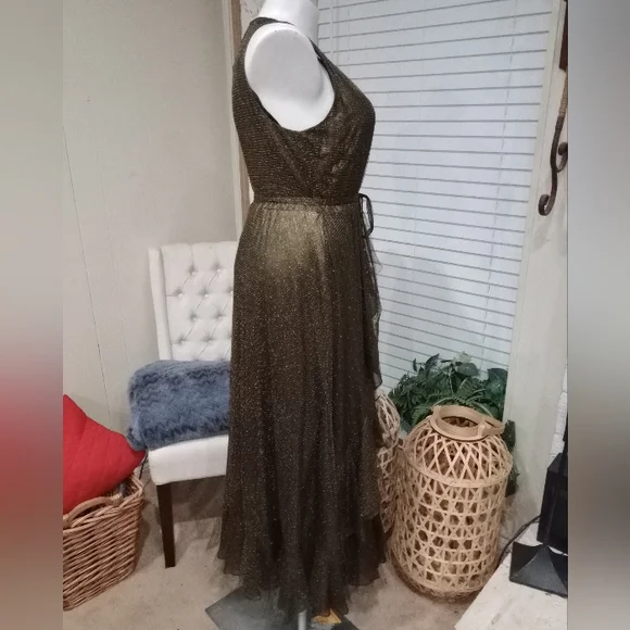 Gold Bronze Metallic Tiered Ruffle Hem Dress Size 16 Shawl Included NWOT - Picture 7 of 14